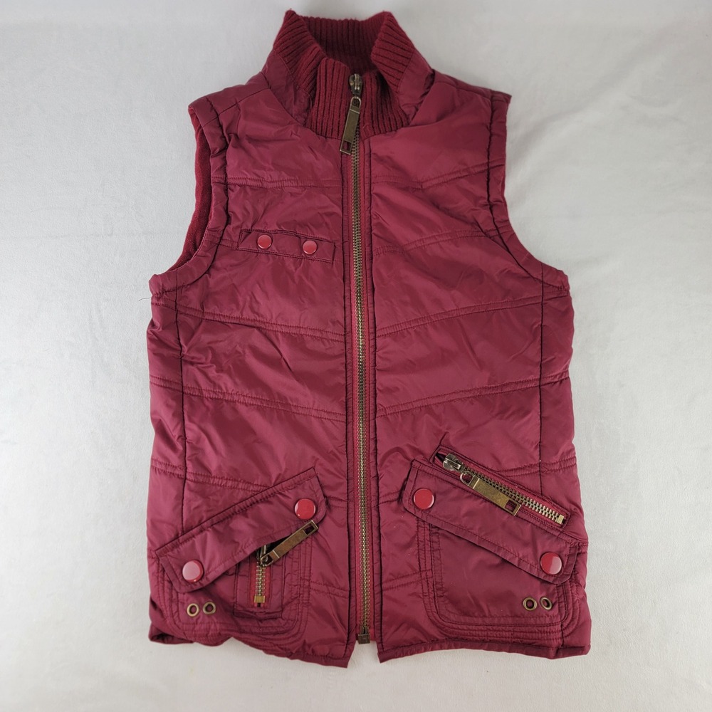 Vanity Womens Burgundy Quilted Puffer Vest Ribbed Mock Neck Zip Up Size M